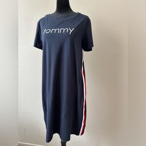 Tommy Hilfiger Navy Side Stripe And Logo On Sleeve T-shirt Dress / M/100% cotton